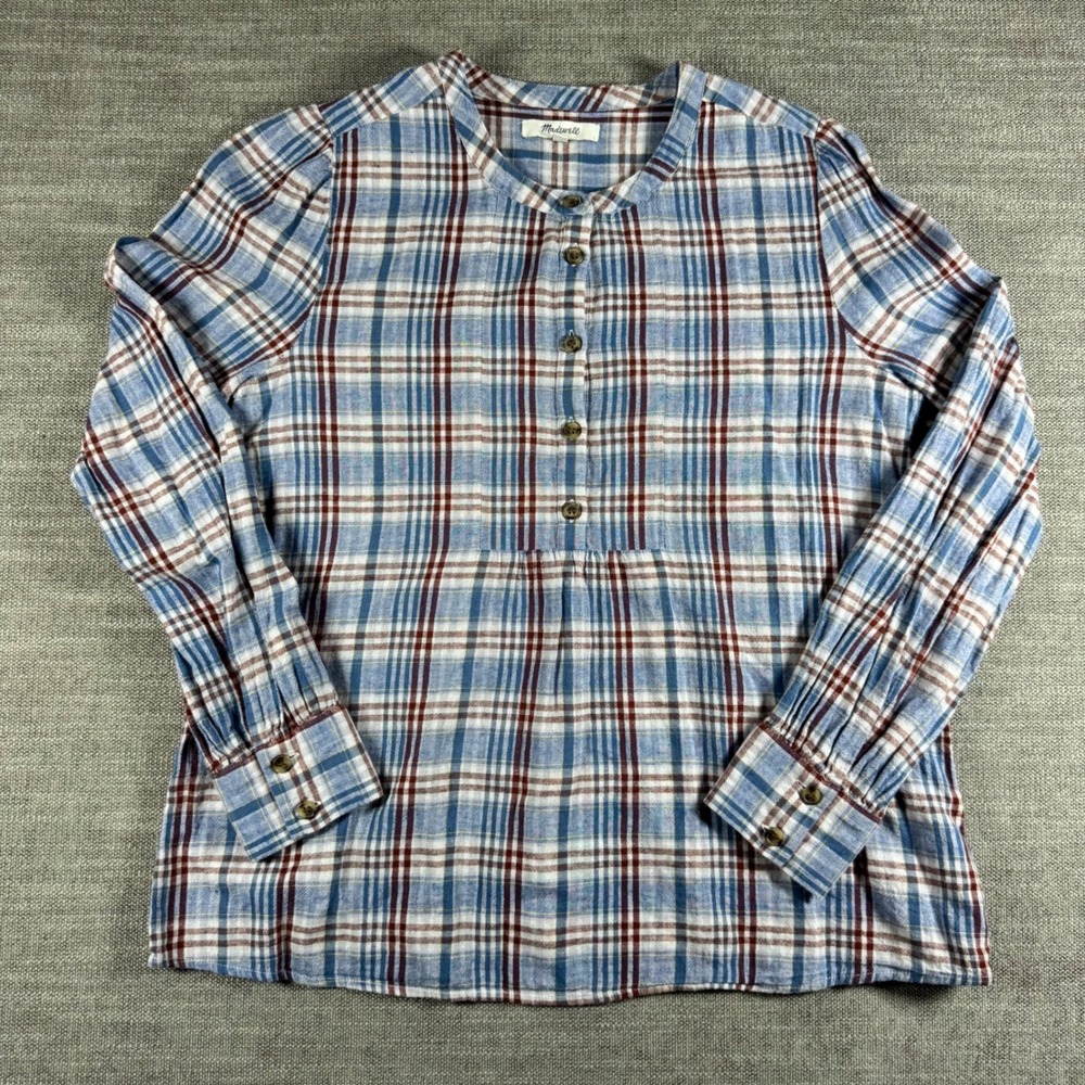 Madewell Plaid Linen Blend Peasant Blouse Women's Small Blue Boho Chic Top‎